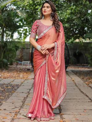 pink chiffon embroidered border saree with embroidered blouse 4