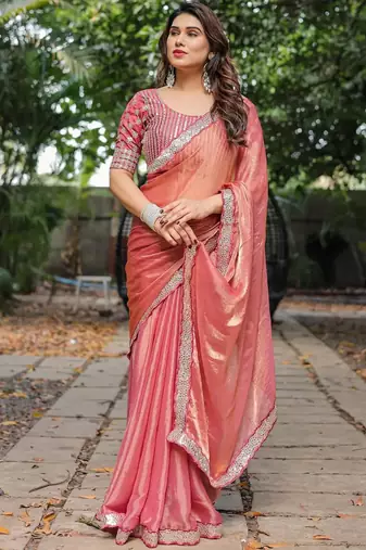 pink chiffon embroidered border saree with embroidered blouse