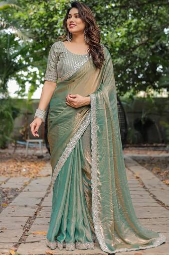 pista chiffon embroidered border saree with embroidered blouse