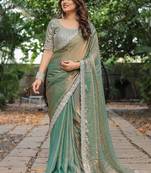 pista chiffon embroidered border saree with embroidered blouse