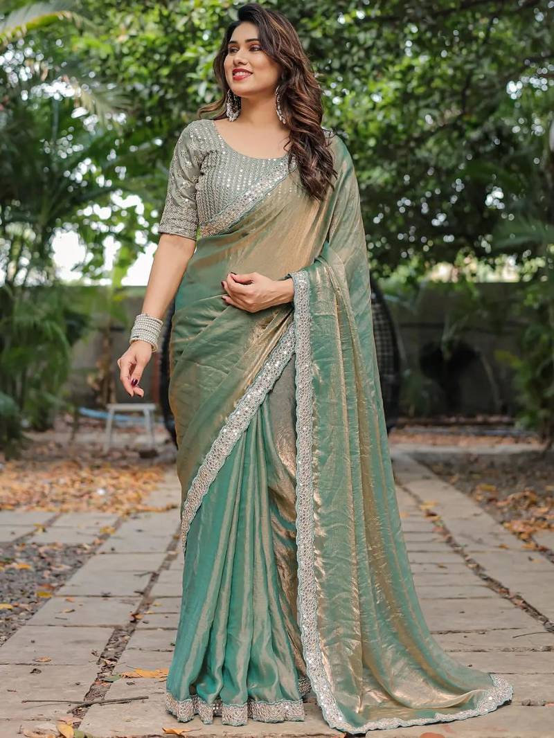 pista chiffon embroidered border saree with embroidered blouse