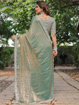 pista chiffon embroidered border saree with embroidered blouse 2