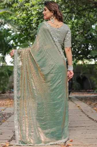 pista chiffon embroidered border saree with embroidered blouse
