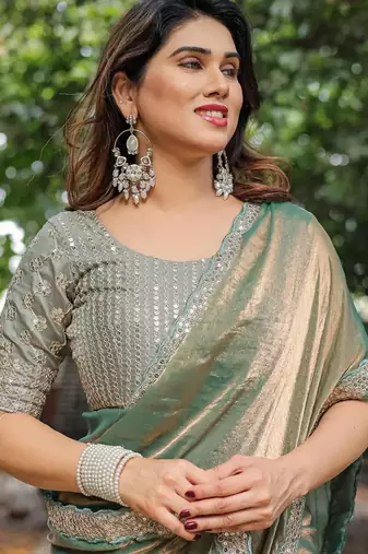 pista chiffon embroidered border saree with embroidered blouse