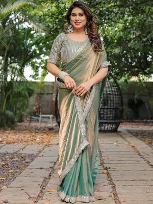 pista chiffon embroidered border saree with embroidered blouse 4