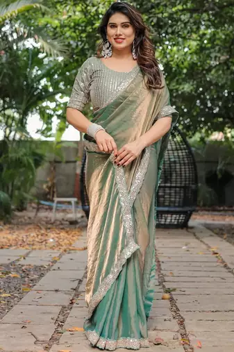pista chiffon embroidered border saree with embroidered blouse