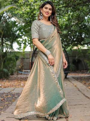 pista chiffon embroidered border saree with embroidered blouse 5