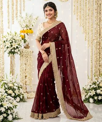 maroon satin silk blend sequin embroidered work saree with matching blouse 1