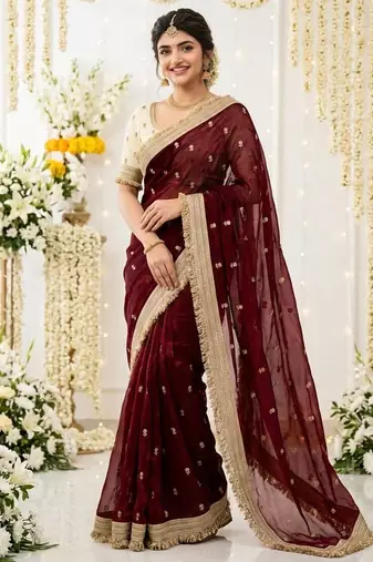 maroon satin silk blend sequin embroidered work saree with matching blouse