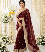 maroon satin silk blend sequin embroidered work saree with matching blouse
