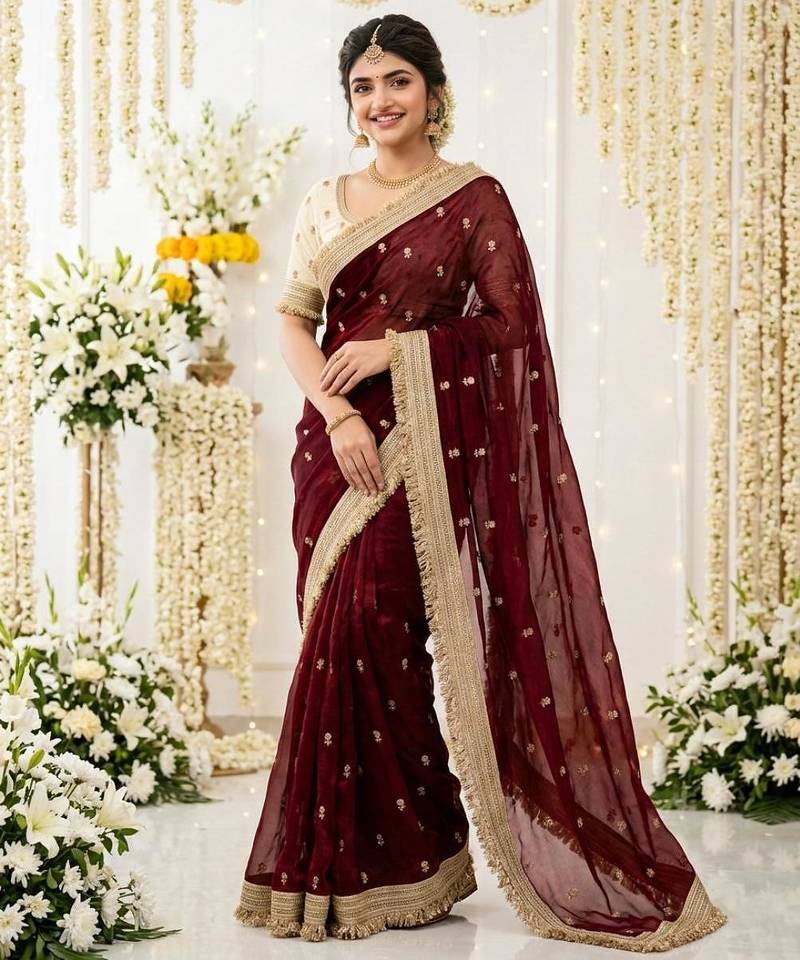 maroon satin silk blend sequin embroidered work saree with matching blouse