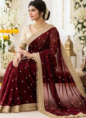 maroon satin silk blend sequin embroidered work saree with matching blouse 2
