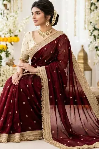 maroon satin silk blend sequin embroidered work saree with matching blouse