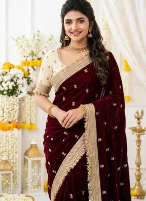 maroon satin silk blend sequin embroidered work saree with matching blouse 3