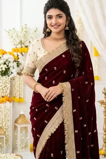 maroon satin silk blend sequin embroidered work saree with matching blouse