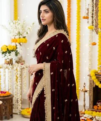 maroon satin silk blend sequin embroidered work saree with matching blouse 4