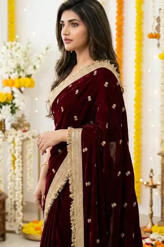 maroon satin silk blend sequin embroidered work saree with matching blouse
