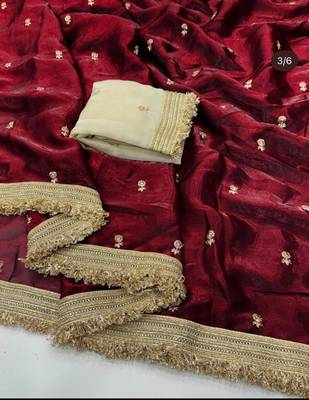 maroon satin silk blend sequin embroidered work saree with matching blouse 5