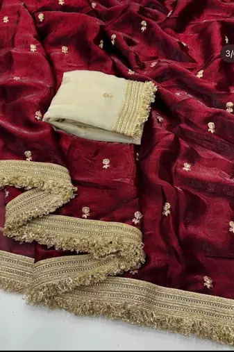 maroon satin silk blend sequin embroidered work saree with matching blouse