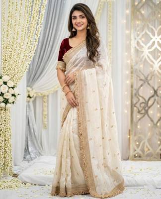 white satin silk blend sequin embroidered work saree with matching blouse 1