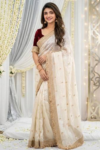 white satin silk blend sequin embroidered work saree with matching blouse
