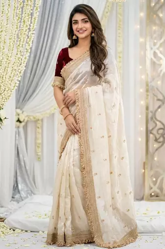 white satin silk blend sequin embroidered work saree with matching blouse
