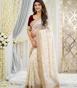 white satin silk blend sequin embroidered work saree with matching blouse