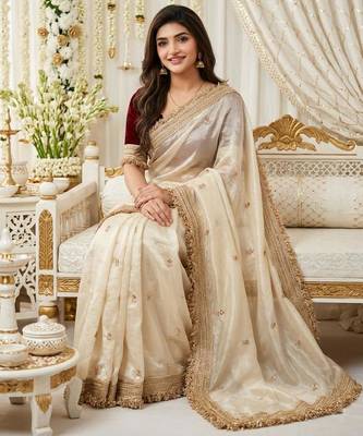 white satin silk blend sequin embroidered work saree with matching blouse 2