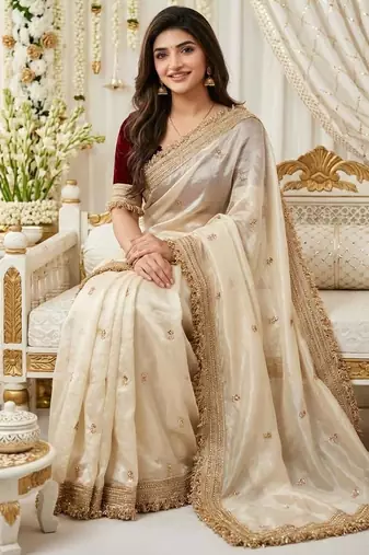 white satin silk blend sequin embroidered work saree with matching blouse