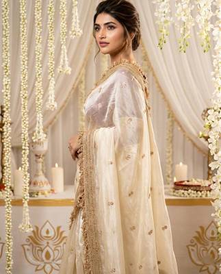 white satin silk blend sequin embroidered work saree with matching blouse 3