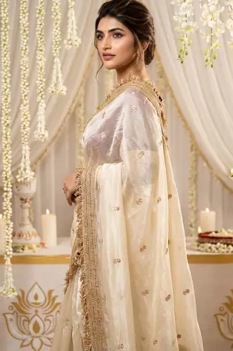 white satin silk blend sequin embroidered work saree with matching blouse