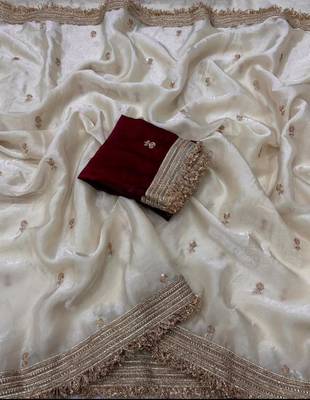 white satin silk blend sequin embroidered work saree with matching blouse 4