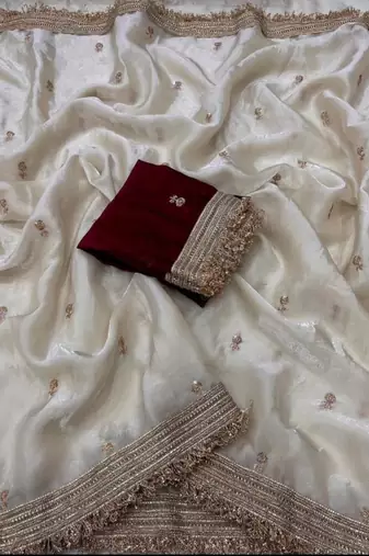 white satin silk blend sequin embroidered work saree with matching blouse