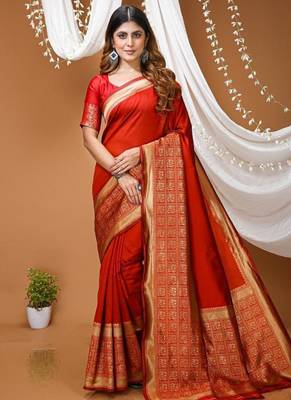 red silk blend solid with zari woven border sarees 1