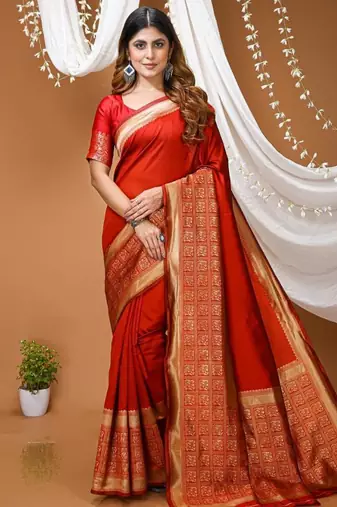 red silk blend solid with zari woven border sarees