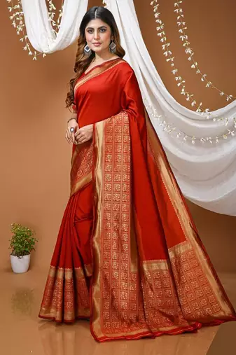 red silk blend solid with zari woven border sarees