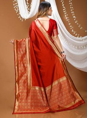 red silk blend solid with zari woven border sarees 3