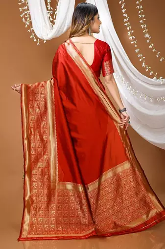 red silk blend solid with zari woven border sarees