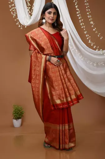 red silk blend solid with zari woven border sarees