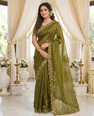 green fancy silk blend shinning embroidered border & blouse saree 1