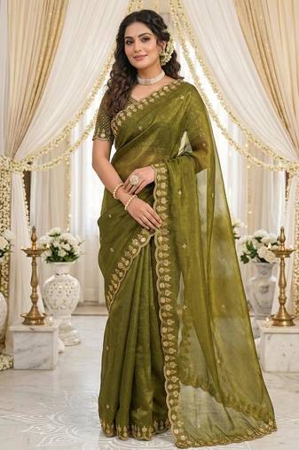 green fancy silk blend shinning embroidered border & blouse saree