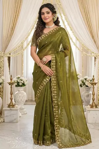 green fancy silk blend shinning embroidered border & blouse saree