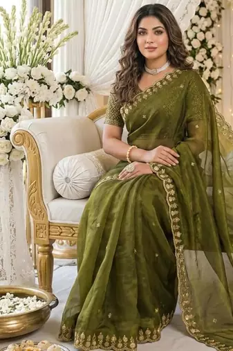 green fancy silk blend shinning embroidered border & blouse saree