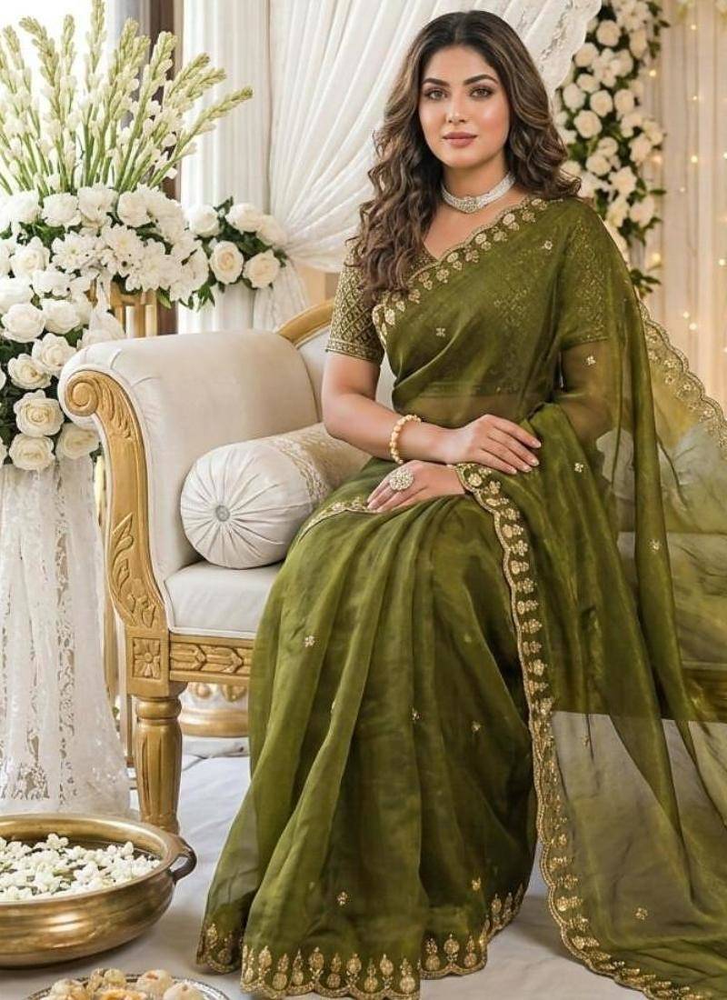 green fancy silk blend shinning embroidered border & blouse saree