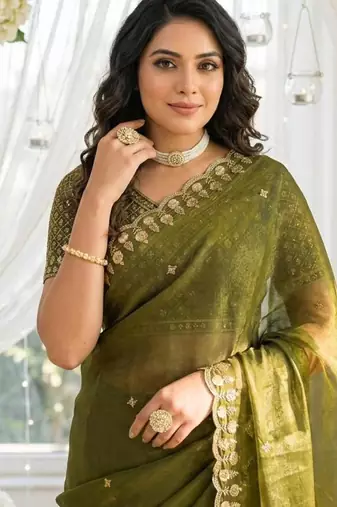 green fancy silk blend shinning embroidered border & blouse saree