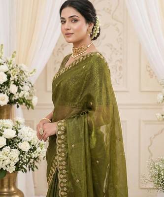 green fancy silk blend shinning embroidered border & blouse saree 4