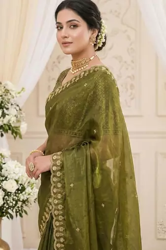 green fancy silk blend shinning embroidered border & blouse saree
