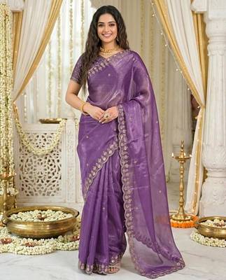 levender fancy silk blend shinning embroidered border & blouse saree 1