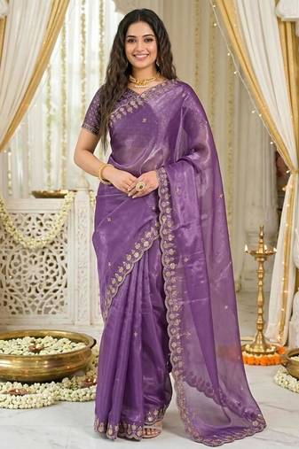 levender fancy silk blend shinning embroidered border & blouse saree
