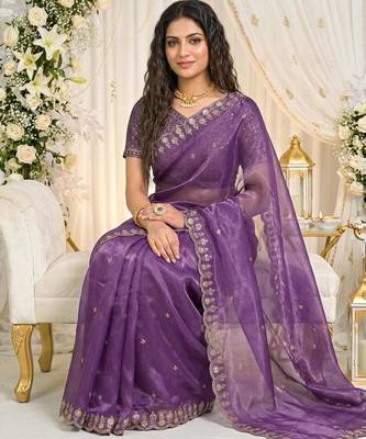 levender fancy silk blend shinning embroidered border & blouse saree 2